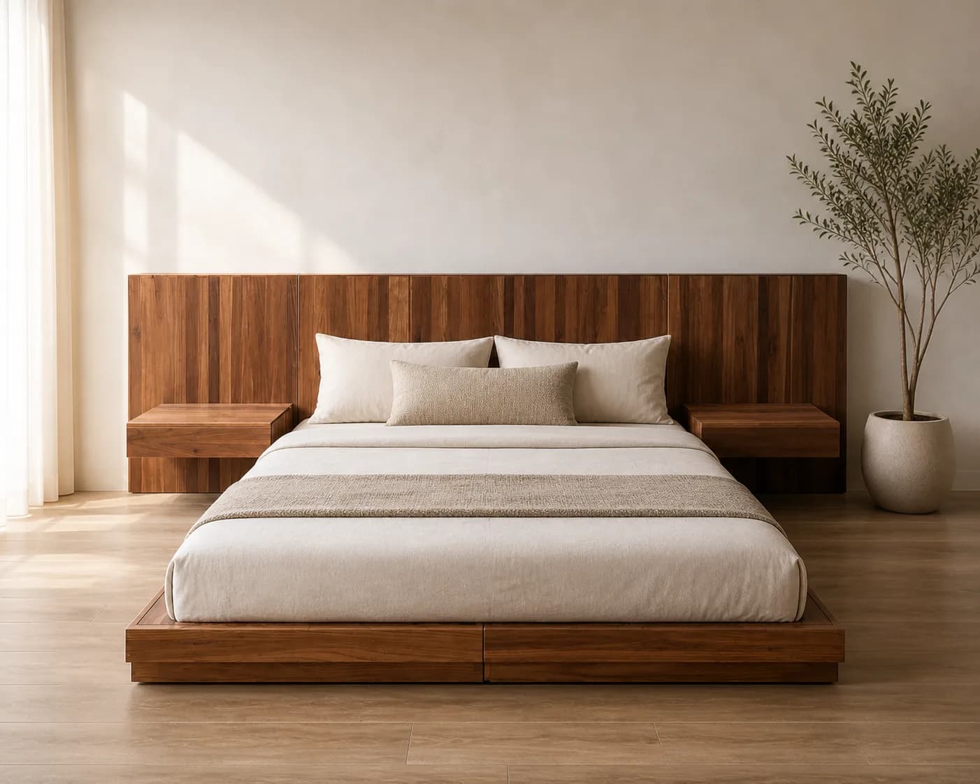 Walnut platform bed with an integrated headboard and nightstands