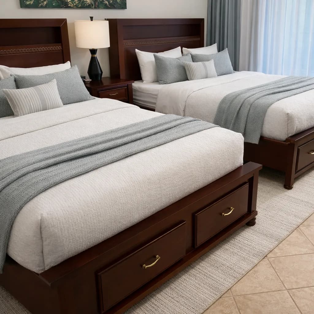 Twin wooden beds with integrated storage