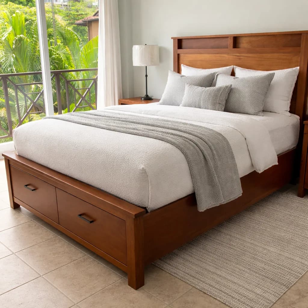 Wood platform bed with drawers in a bright bedroom
