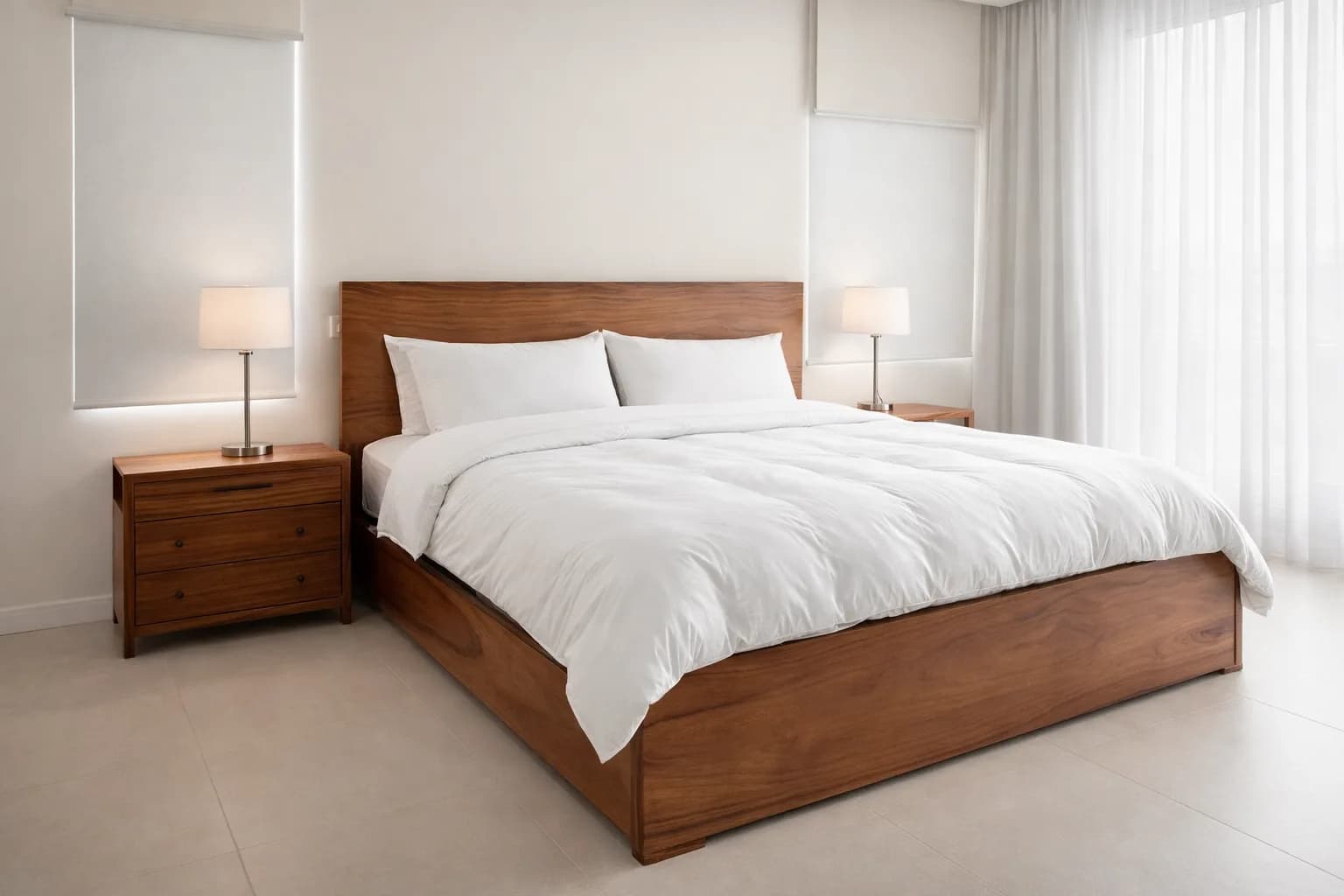 Wood bed and matching nightstands in a light-filled room