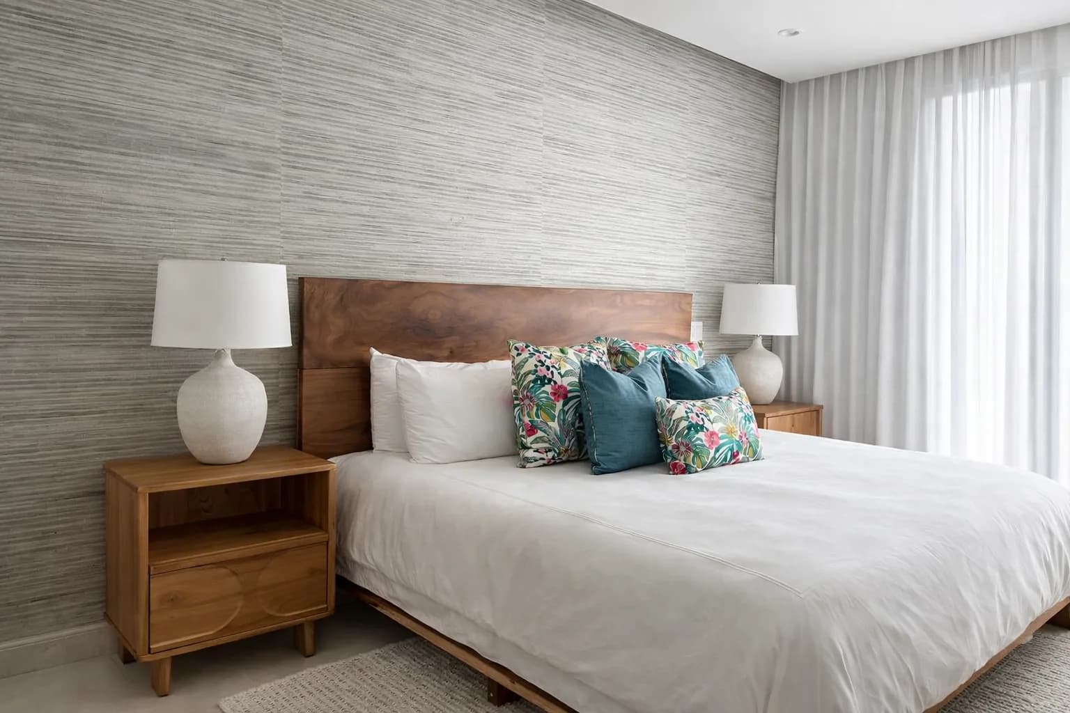 Walnut bed and nightstand against a textured wall