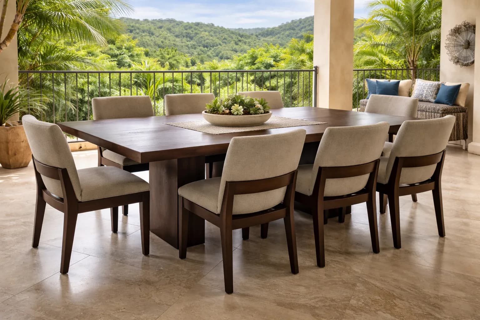 Dining table and chairs with a tropical forest view