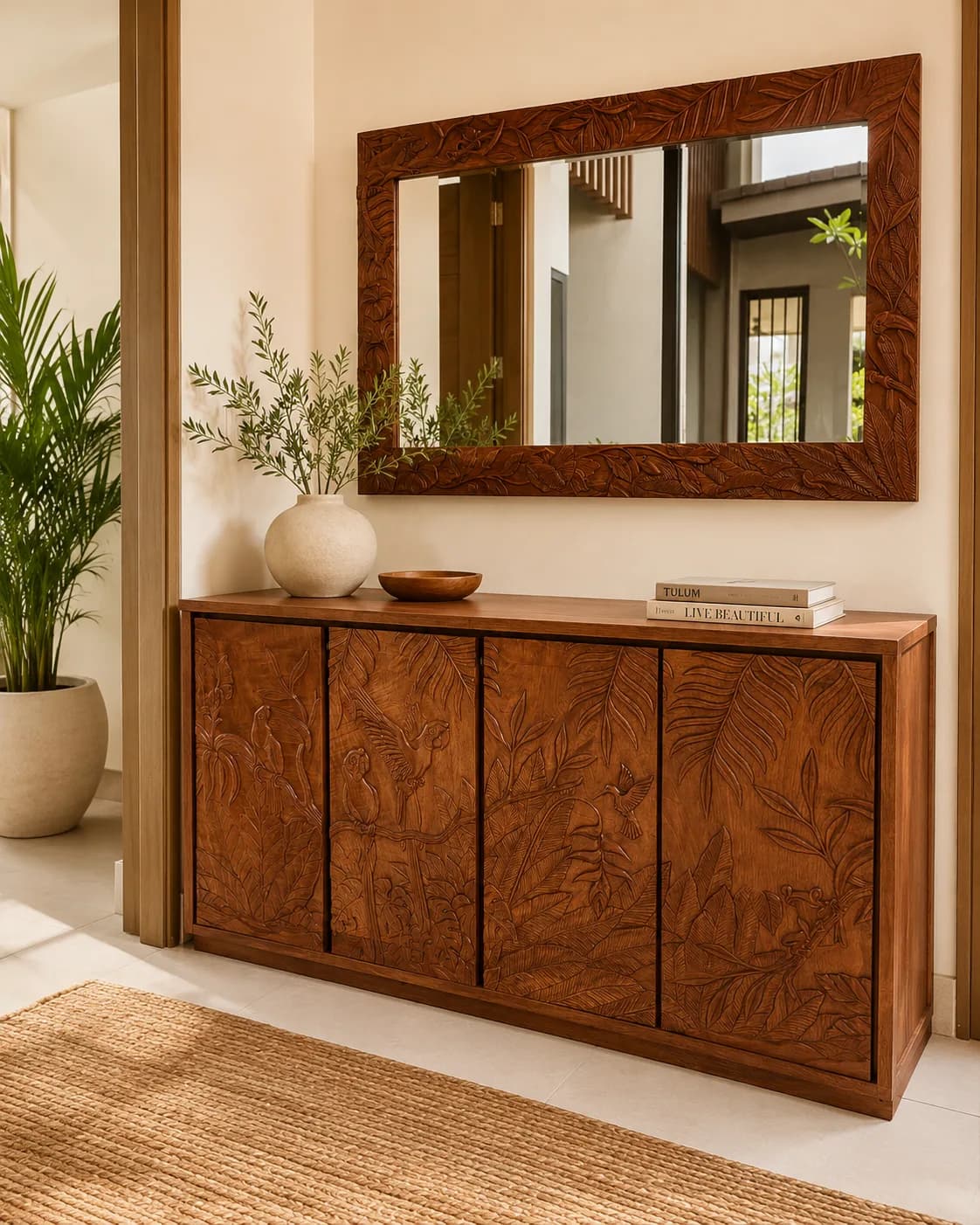 Carved wood sideboard beneath a large framed mirror