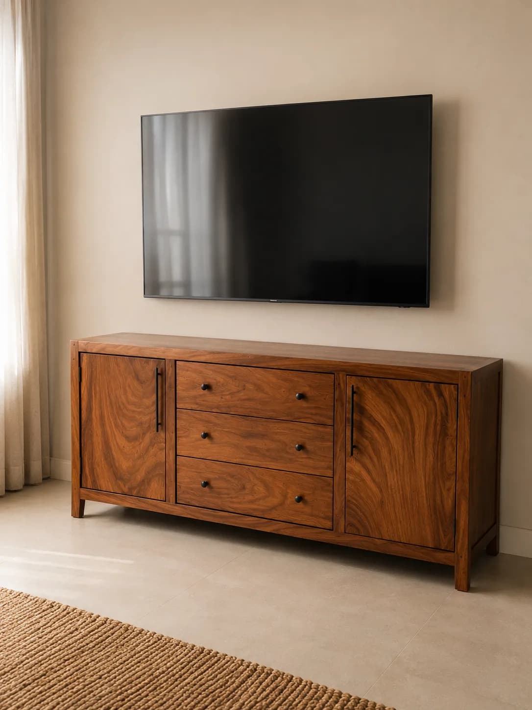 Custom wood media console in a bright interior