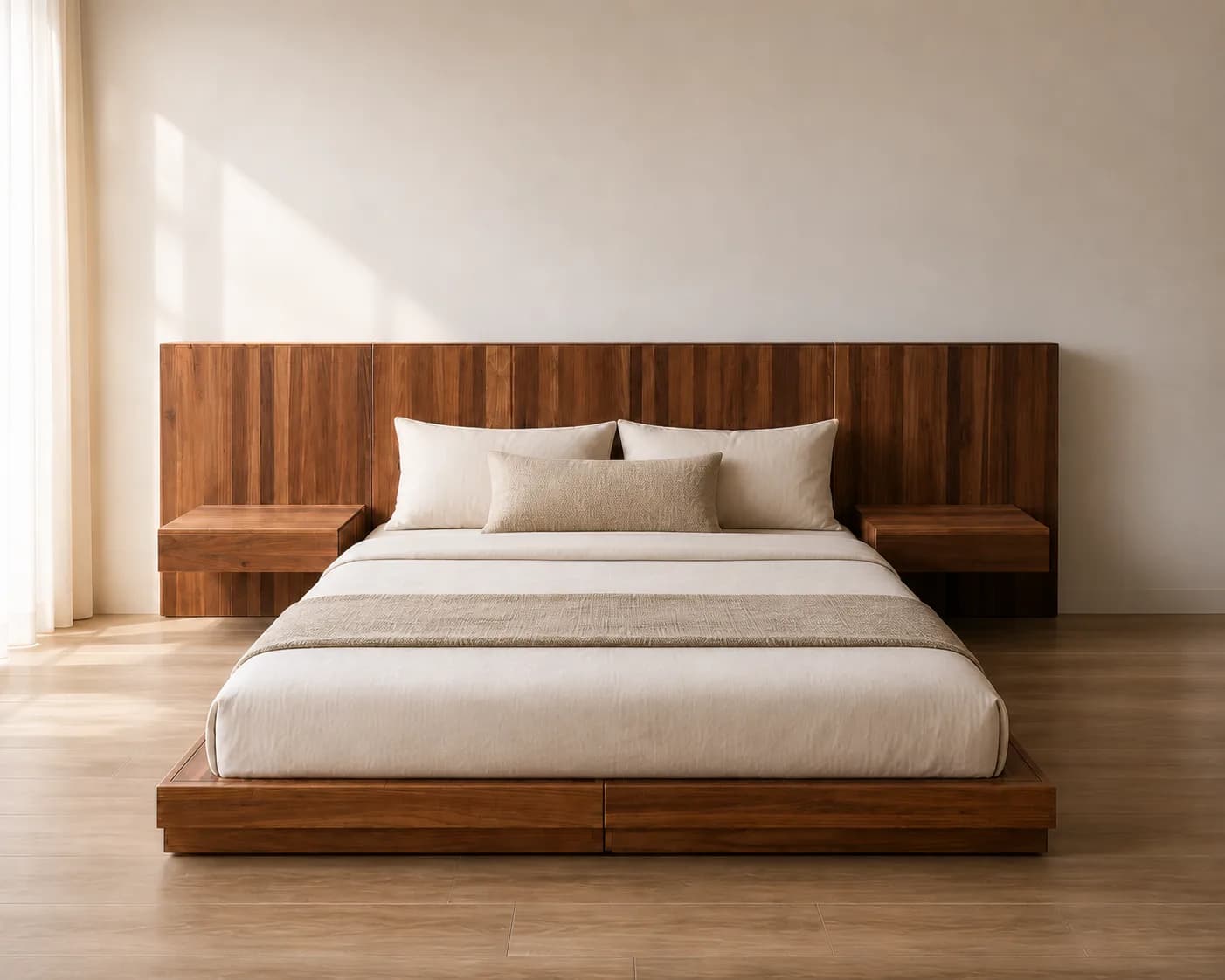 Modern walnut platform bed in a neutral bedroom