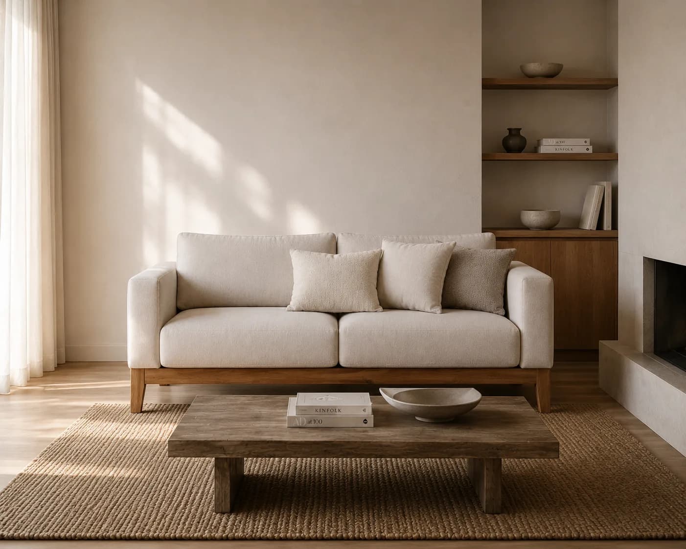 Neutral living room with a custom sofa and wood coffee table